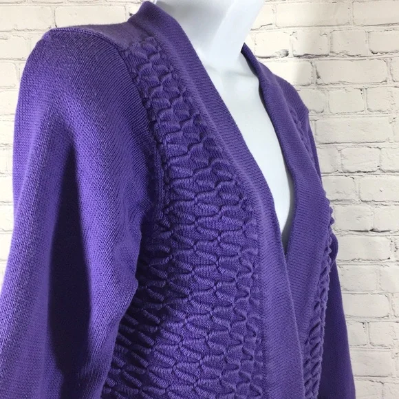 D & Co Sweater Women Size L Purple Open Large Button Mixed Design 100% Cotton - Picture 2 of 7